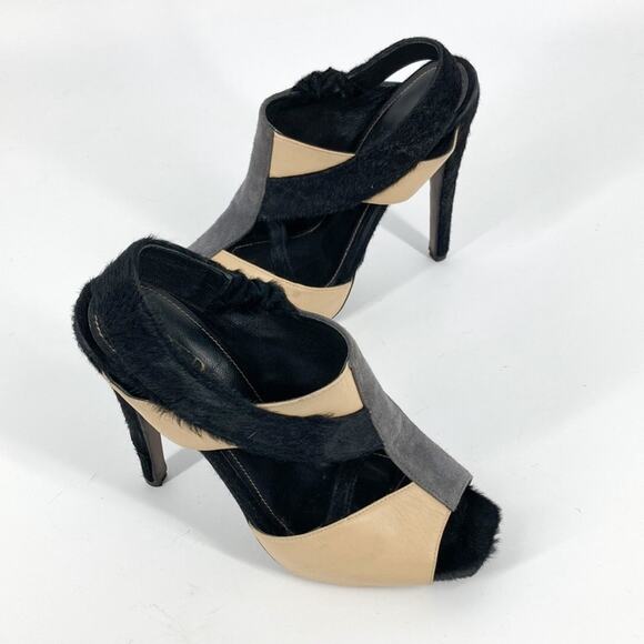 Aperlai Paris Womens Black Gray Tan Leather Pony Peep Toe Heels Size 38 1/2 - Picture 1 of 16